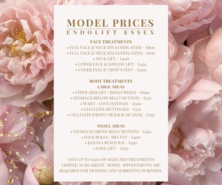 MiaBella Endolift Harlow — Model patient prices for face and body treatments